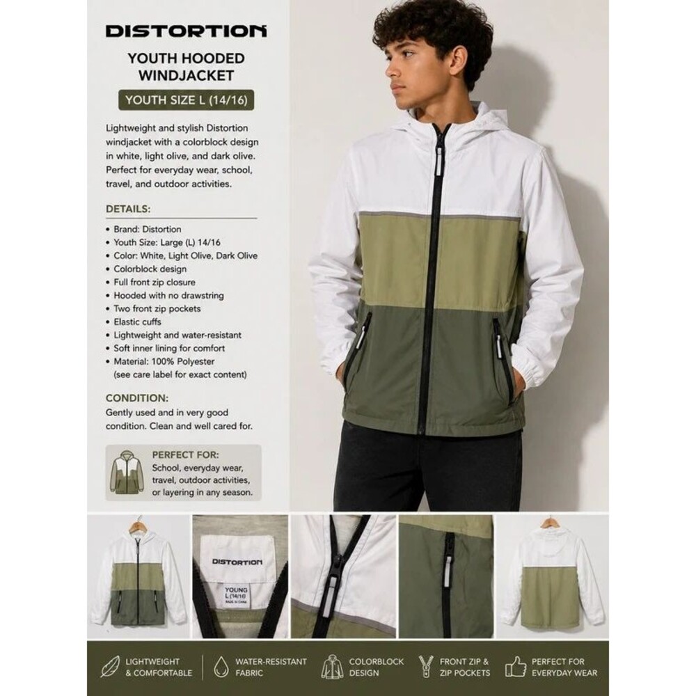Distortion Youth Colorblock Hooded Windbreaker Jacket – Size L 14/16